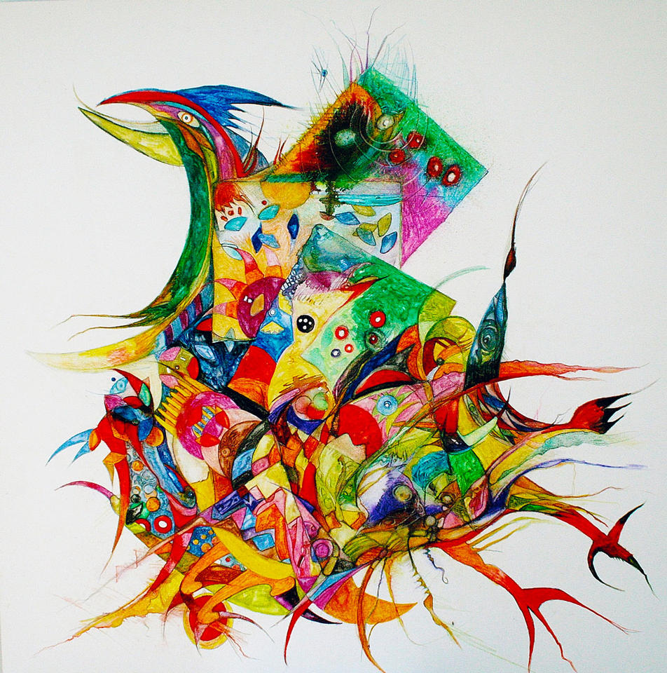 Feuervogel | Buntstift Farbstift Kunst | Aquarellstifte auf Baumwolle Rahmenleinwand | Klaus Stanek